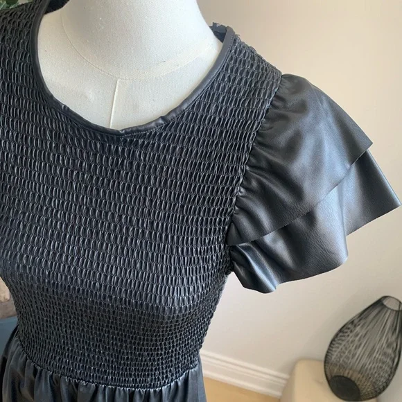 ZARA Black Faux Leather Smocked Midi Dress XS NWT - Picture 2 of 9